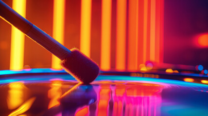 Close-up of a drumstick on a drum with neon lights in the background