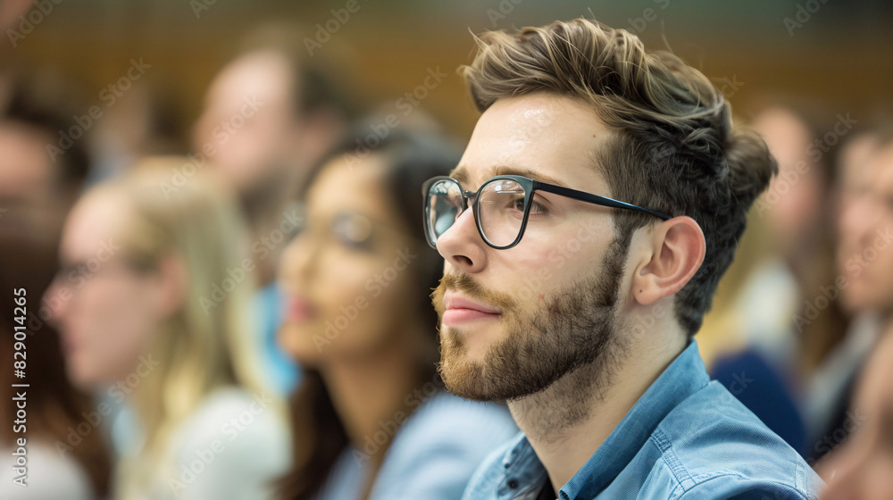 Poster attentive student listening in a lecture hall. young man with glasses and a beard listening intently