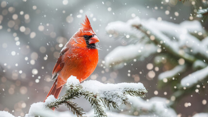 Cardinal perched on a snowy pine branch with falling snow.