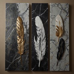 panel wall art, marble background with feather designs , wall decoration	