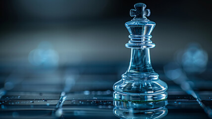 Glass chess king on a chessboard with a reflective surface.