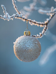 Frosty Christmas bauble hanging on a branch with snow and ice.