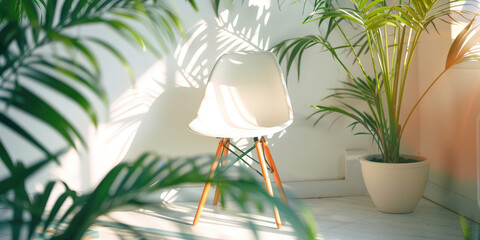 Closeup bright colored office chair in minimal interior white modern office with copy space