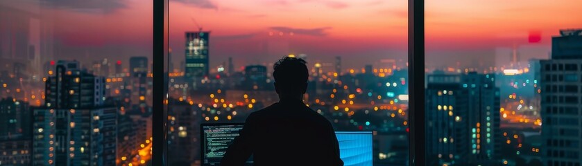 A man working on laptop against a twilight city backdrop
