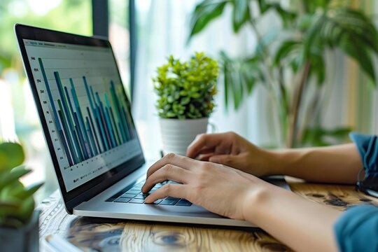 Close-up photo of a Caucasian marketing professional analyzing data using a laptop in a home office.
