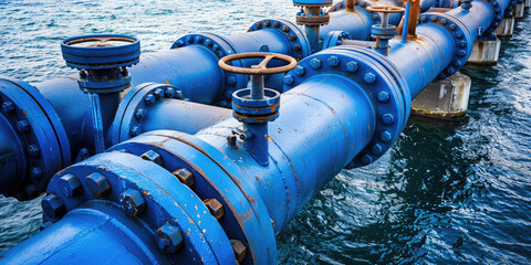Closeup gas pipelines valves on the sea waters, gas or oil transportation.
