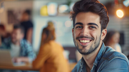 Obraz premium Happy young man in coffee shop. Portrait of a smiling young man in a bustling coffee shop, enjoying the atmosphere and company.