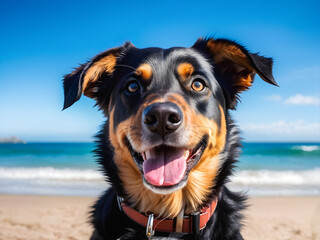 Fototapeta premium Beach Pup Bliss: Adorable Dog Enjoys the Ocean View. Coastal Canine. generative AI