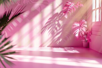Pink gradient studio background with window shadows  flowers  and palm leaves.