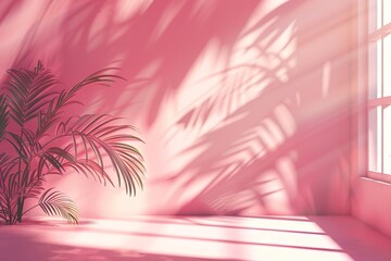 Fototapeta na wymiar Pink gradient studio background with window shadows flowers and palm leaves.