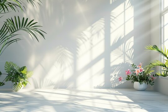 White studio background with window shadows and palm leaves. Summer concert.
