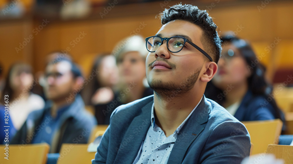 Poster attentive student in lecture hall. a young man listens intently to a lecture, surrounded by other st