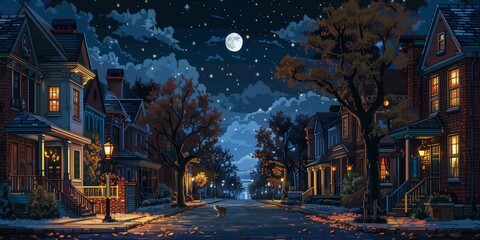 Moonlit Street with Charming Brick Buildings, generative ai