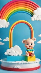 baby and kids product toy podium, kid and children display banner with clouds, toy advertisement, rainbow studio, ad, product presentation space, showcase podium