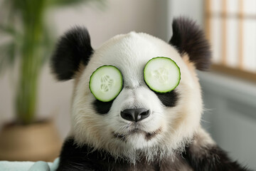 Panda with cucumber slices on eyes for relaxation and skincare, symbolizes natural beauty and...