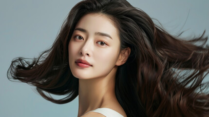 Beauty portrait of a Korean girl showing off her beautiful, long and shiny hair