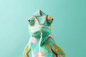 Chameleon with vibrant colors on its skin against a turquoise background, looking directly at camera.