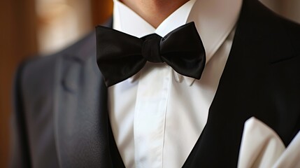 An elegant man wearing a black tie suit with a white shirt, a silk bow tie, and a white handkerchief or pocket square. Suitable for formal attire, a classy groom, or a sophisticated business person 