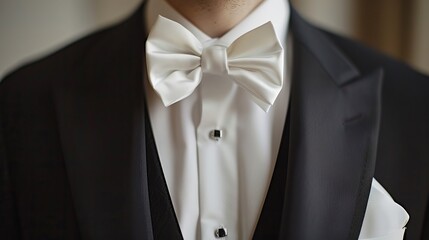 An elegant man wearing a black tie suit with a white shirt, a silk bow tie, and a white handkerchief or pocket square. Suitable for formal attire, a classy groom, or a sophisticated business person 