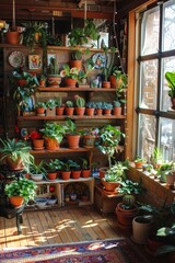  Shelves adorned with vibrant potted plants breathe life 