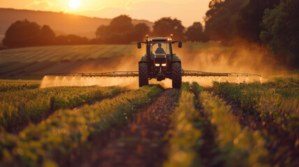 Fototapeta premium Modern Tractor Spraying Rural Farmland --style raw