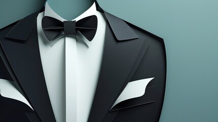 Close-up illustration of a classic formal male tuxedo and bow tie with copy space, presented in a paper art cut and craft style