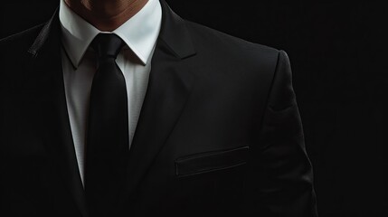 Close-up of a businessman in a black suit and necktie, presented against a black background with copy space for advertising