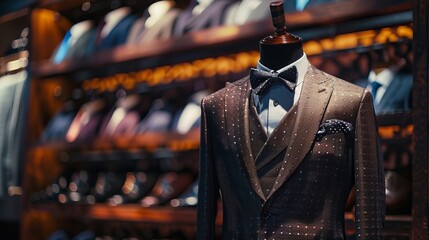 Custom expensive tailored suit, tuxedo displayed on a mannequin, isolated against a background