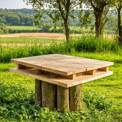 Fototapeta premium product display podium, Empty Wooden Table Product Podium, Farm wood nature field grocery table, product stand for green food, grass, Nature landscape, forest stump podium, morning sunlight farm, ad
