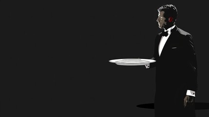 Illustration of a waiter in a black suit holding a tray over a black background