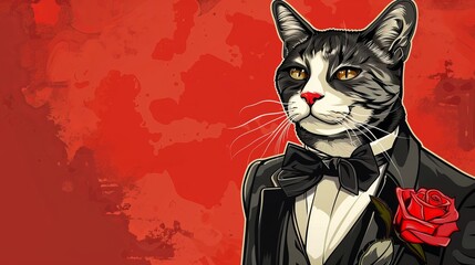 Illustration of a mafia cat dressed in a tuxedo with a rose flower