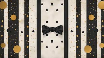 Invitation card for a little man or gentleman's birthday party, baby shower. The front and back sides are adorned with a classic black, white, and gold polka dot shirt pattern