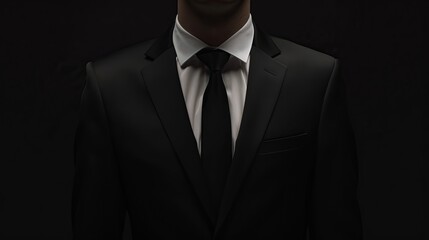 Man in a black suit with a white shirt and black tie on a black background, depicted without a face. Represents a businessman in the dark, captured in a studio shot