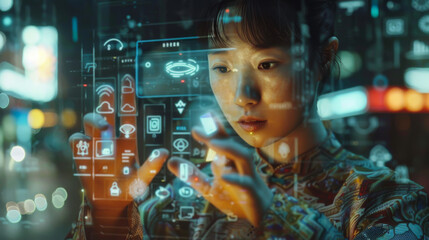 A hand is pointing at a computer screen with a blue and orange design. The design is made up of various icons and buttons, and the hand is hovering over one of them. Scene is one of curiosity