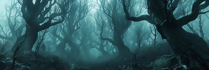 Mystical foggy forest with spooky trees