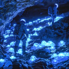 The astronauts explore an alien cave on a distant planet.