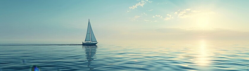 Fototapeta premium Serene lone sailboat on a reflective ocean expanse under a vast sky