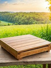 Fototapeta premium product display podium, Empty Wooden Table Product Podium, Farm wood nature field grocery table, product stand for green food, grass, Nature landscape, forest stump podium, morning sunlight farm, ad