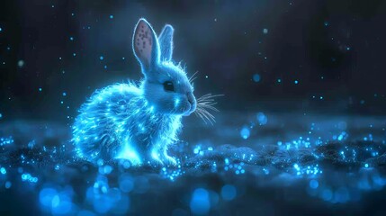 Cyan glow illuminates a rabbit silhouette against the nightscape, creating a mesmerizing scene
