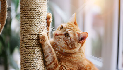 Cute ginger cat playing sisal toy at home