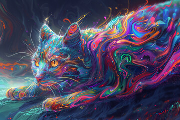 Psychedelic giant cat with vibrant, swirling patterns, destroying a colorful, surreal city, Psychedelic, Bright neon colors, Digital painting