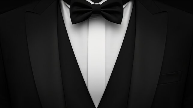 Template a men's black smoking suit with a necktie,  blank background for VIP parties, weddings, or fashion and corporate events. Depicts a tuxedo with a black bow and a white shirt