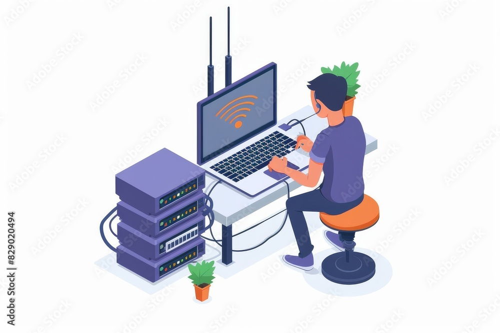 Aufkleber young professional in a relaxed setting manages multiple digital tasks, reflecting the multitasking 