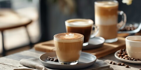 Gourmet coffee drinks on wooden table, featuring latte art and coffee beans - Powered by Adobe