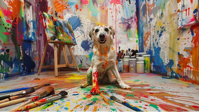  a dog covered in multicolored paint splatters, frolicking joyously in an artist's studio, watercolor painting, watercolor painting