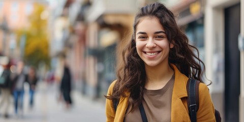 A young woman in casual attire walks down a bustling city street, her face undiscernible, suggesting anonymity in urban life