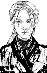 Drawing young comic style man face scar. Asian with long black hair. Samurai Character portrait art Guy in kimono frontal viev face drawing coloring contour people outline ink detailed illustration