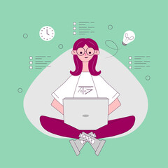 Remote work. Freelancer. Student. Online education. Girl freelancer. A young woman works. A girl works at her laptop. A stylish girl. Creative work.