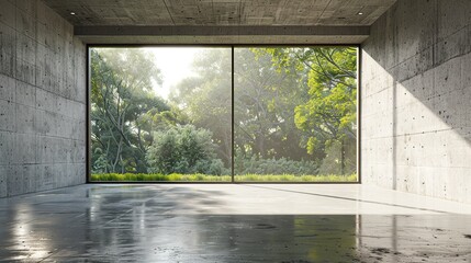 empty concrete room with large window on nature background, Empty space for product presentation