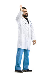 The doctor, in full height, on a white background, waving his hand